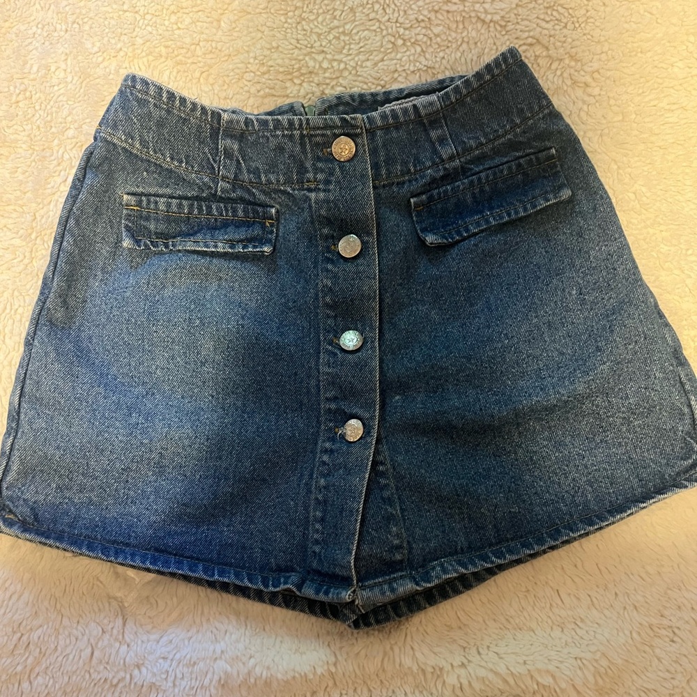 Blue Denim Button-Front Mini Skirt Skort